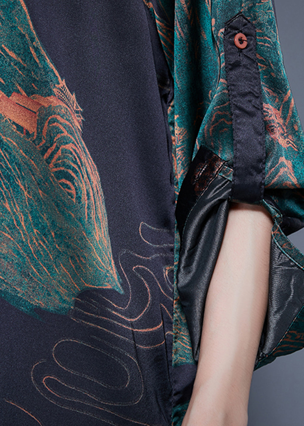 Blackish Green Print Ruffled Tassel Side Open Silk Two Pieces Set Spring