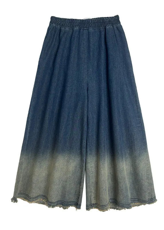 Gradient Blue Pockets Denim Wide Leg Pants Spring