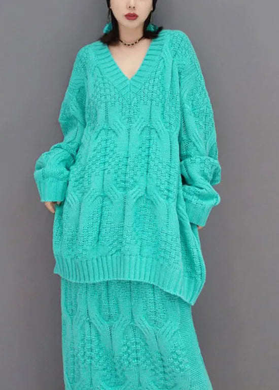 Unique Blue V Neck Cable Knit Tops a Line Skirts Two-piece Set Spring