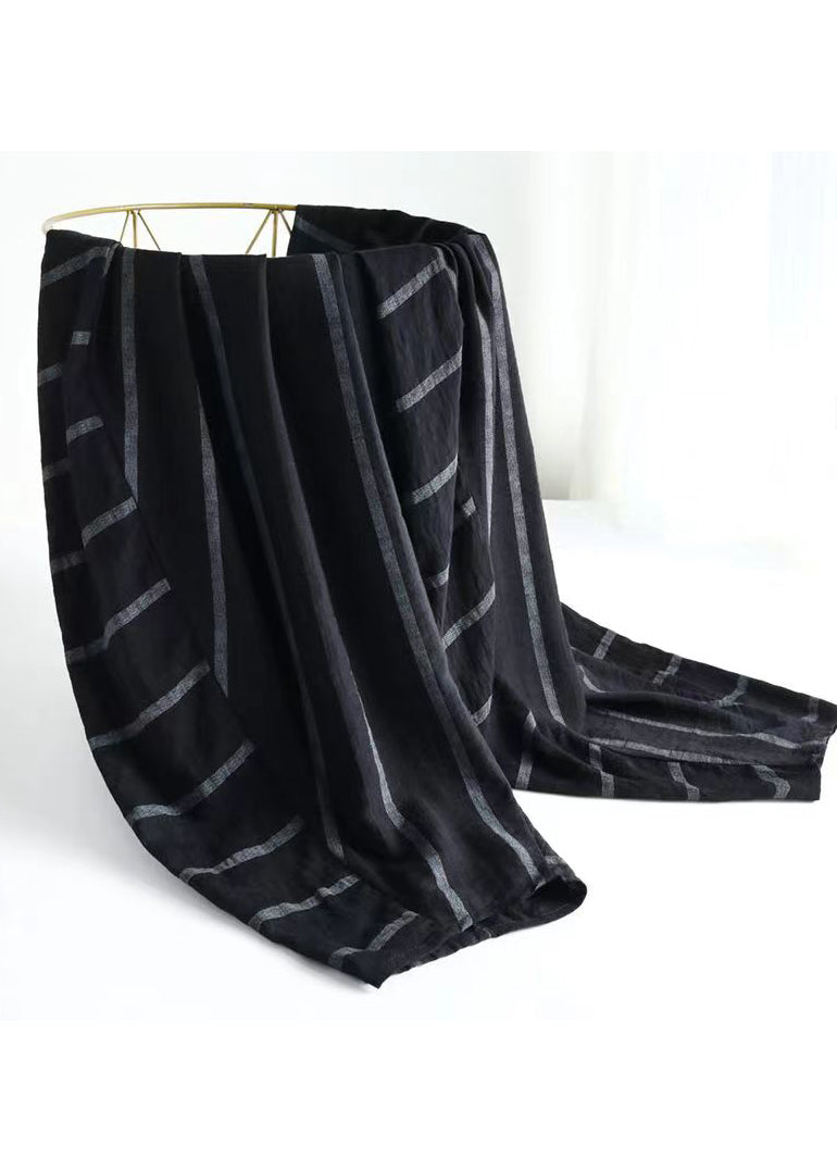 Black O-neck Wrinkled Striped Cotton Two-piece Set Summer