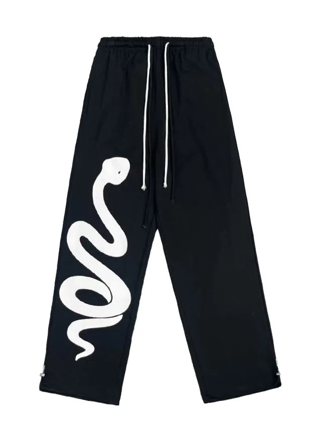 Black Print Elastic Waist Cotton Sport Pants Spring
