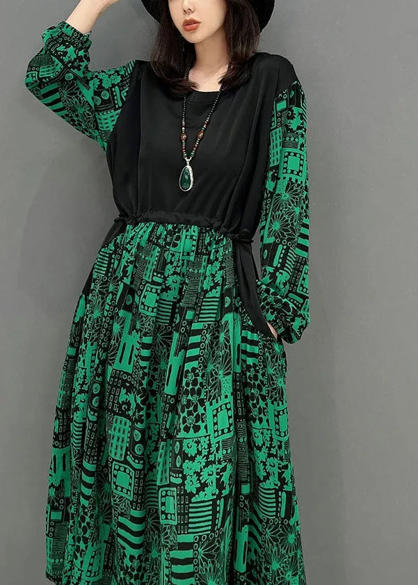 Green O-neck Patchwork Drawstring Cotton Maxi Dresses Fall