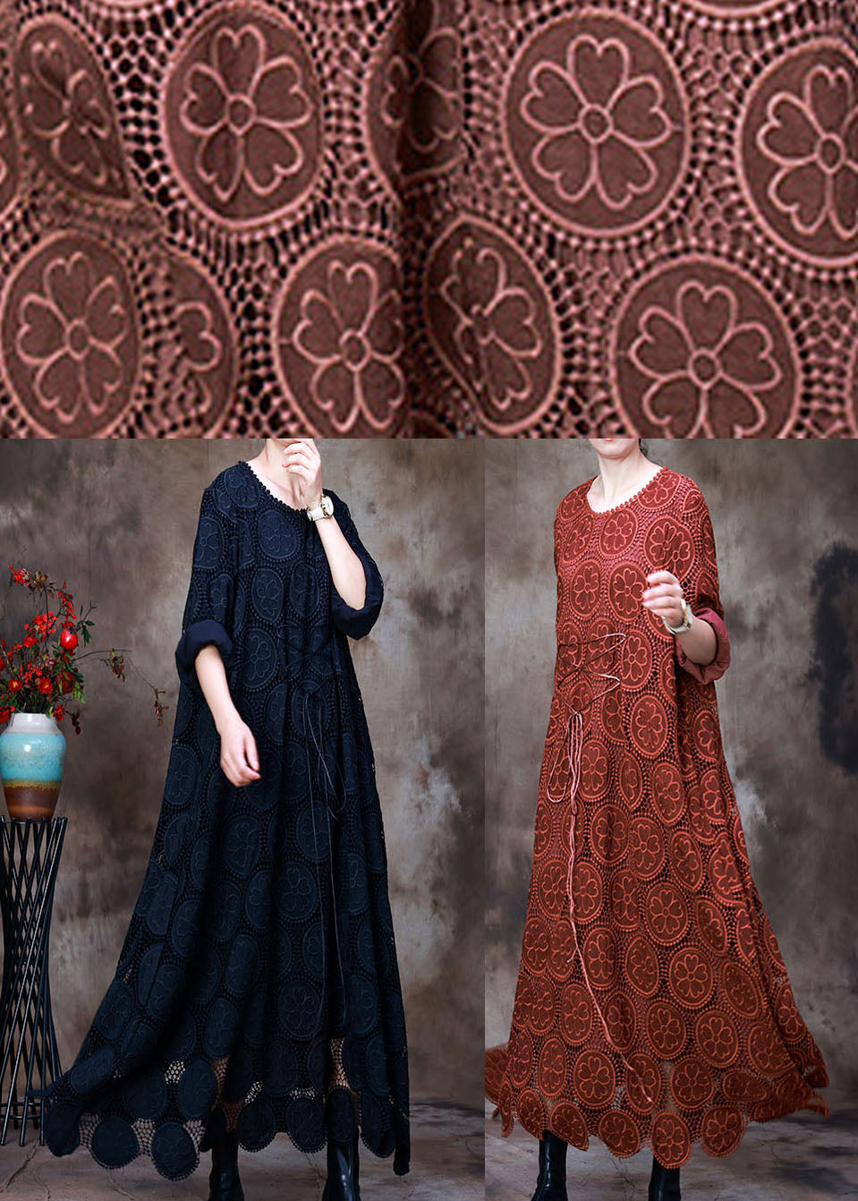 Orange Embroideried Asymmetrical Design Fall Dress Long Sleeve