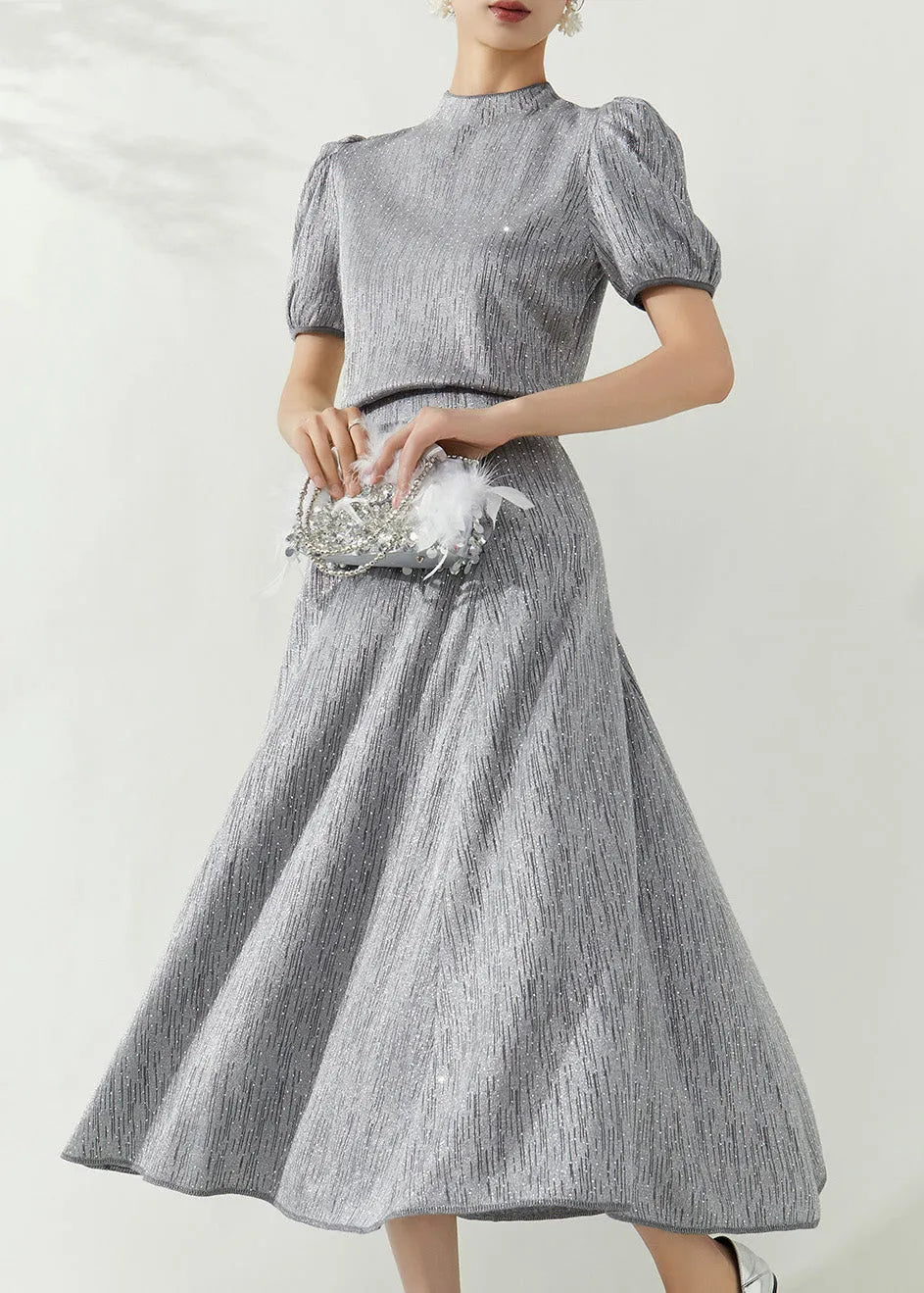 Grey Turtleneck Top and Maxi Skirts Two Pieces Set Puff Sleeve