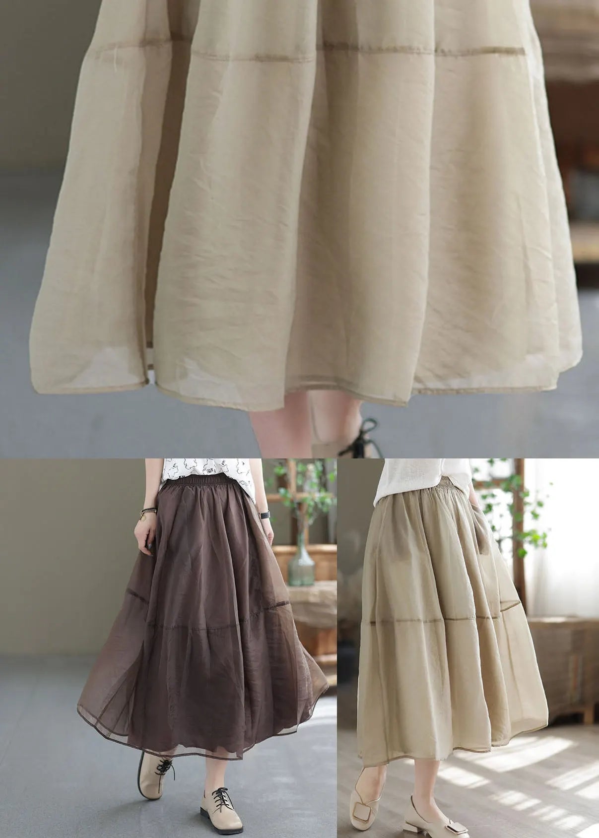 Chocolate Patchwork Organza a Line Skirts Elastic Waist Spring