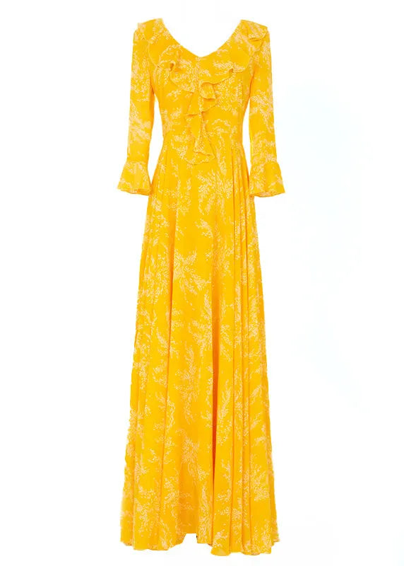 Yellow Ruffled Print Slim Chiffon Maxi Holiday Dress Spring