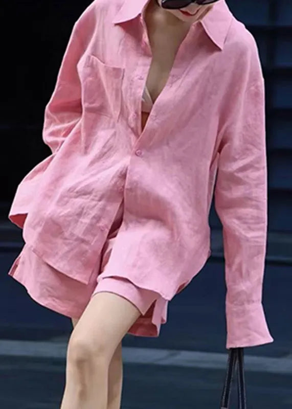 Modern Pink Button Shirts and Shorts Two Pieces Set Spring