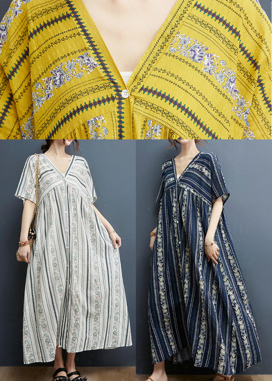 Yellow Print Cotton Maxi Dresses Short Sleeve