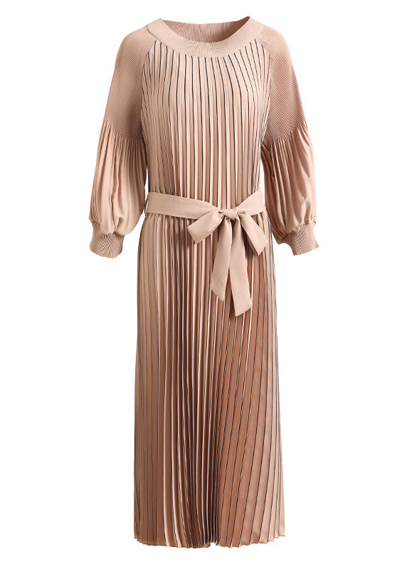 Khaki O-neck Tie Waist Maxi Dress Lantern Sleeve