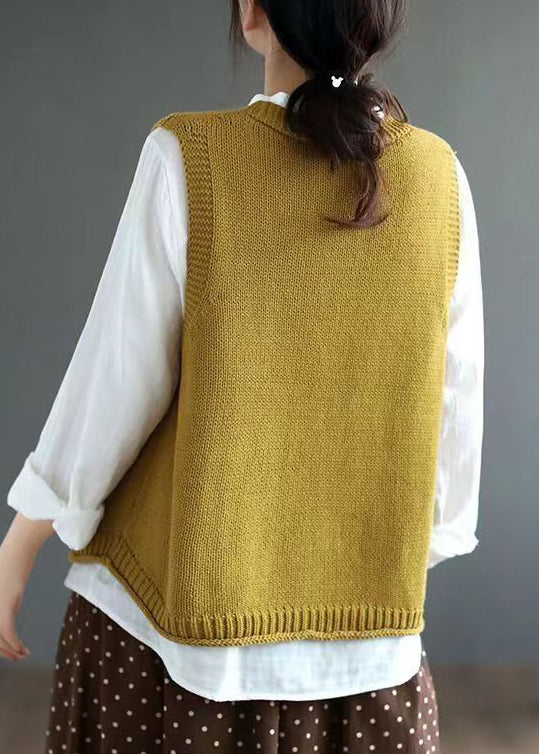 Yellow V Neck Button Patchwork Cotton Knit Waistcoat Sleeveless
