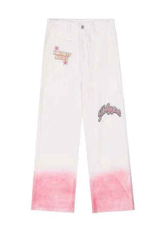 Gradient Pink Embroideried High Waist Denim Straight Pants Spring