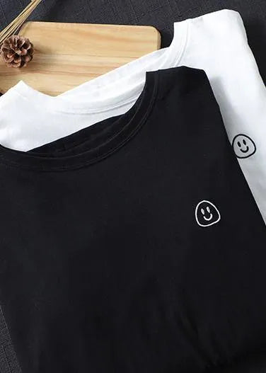 O Neck Linen Spring Blouse Fabrics White Smiling Face Blouse