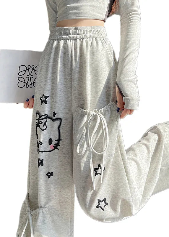 Light Grey Elastic Waist Print Pockets Cotton Pants Fall