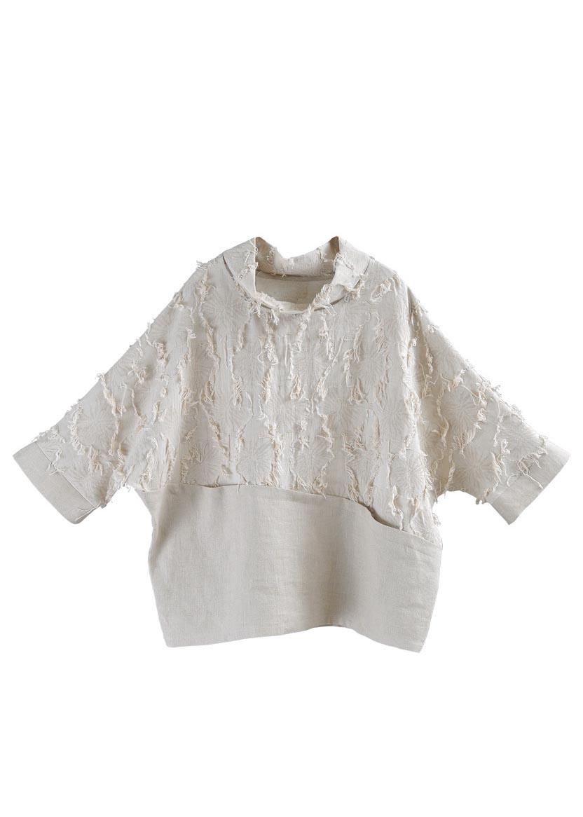 Boutique Beige Patchwork Batwing Sleeve Cotton Linen Top Summer