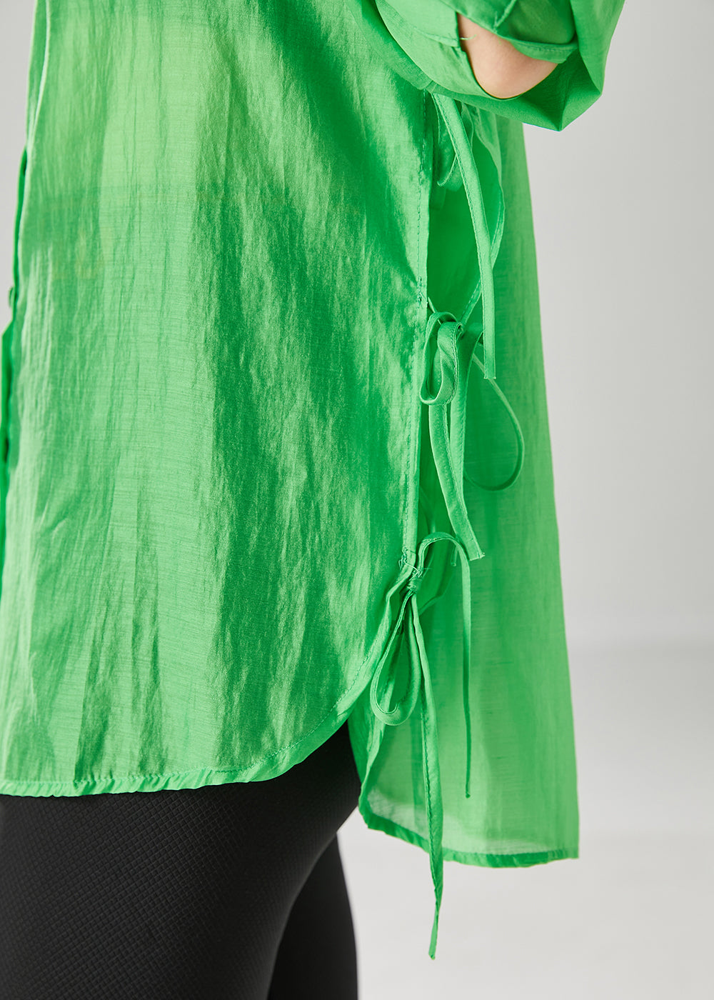 Fluorescent Green Lace Up Silk Blouses Fall