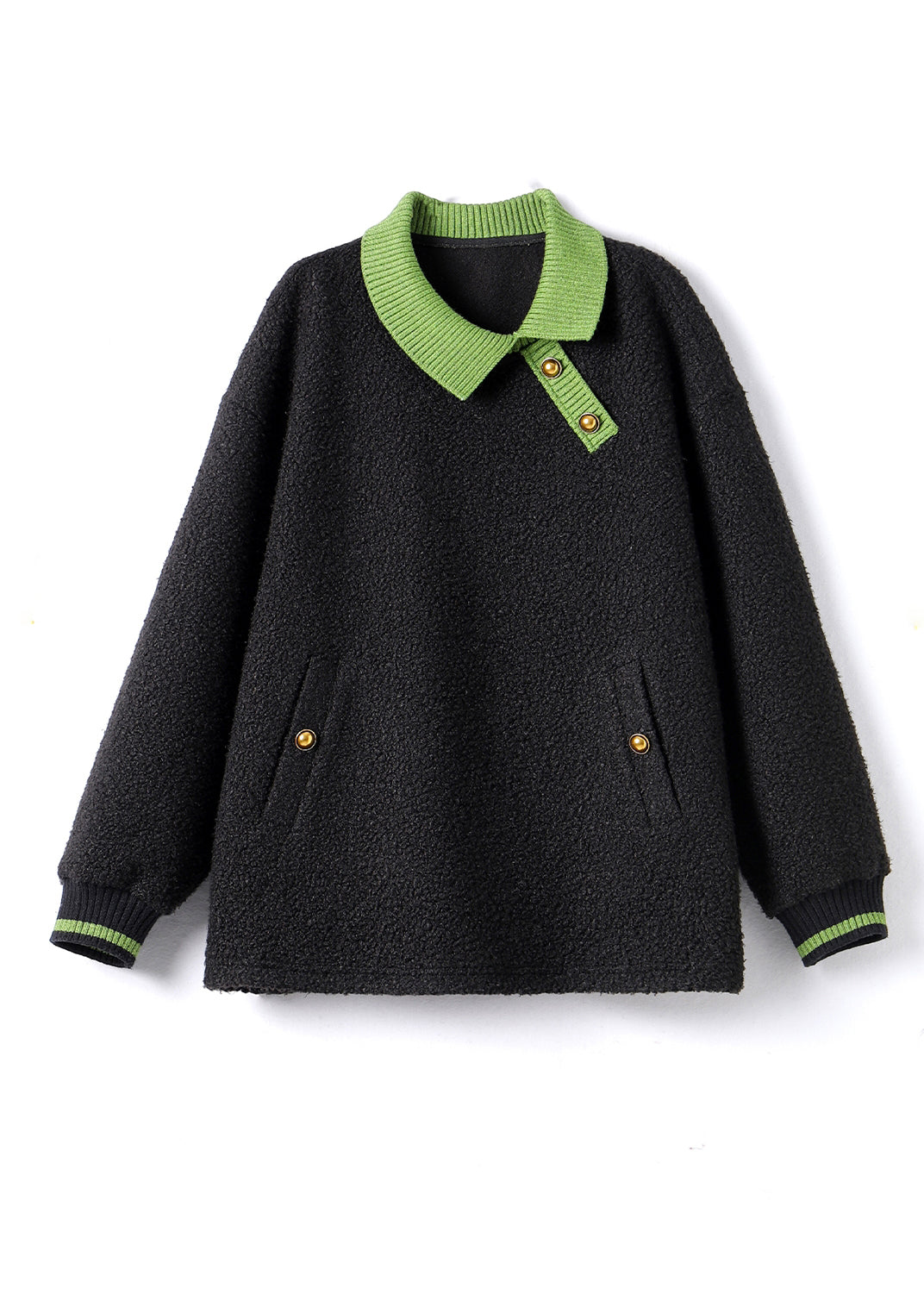 Black Peter Pan Collar Patchwork Teddy Faux Fur Sweatshirts Top Winter