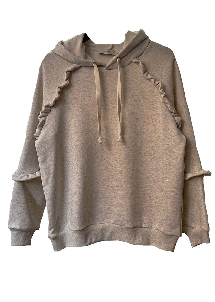 Stylish Grey Hooded Ruffled Cotton Sweatshirt Spring
