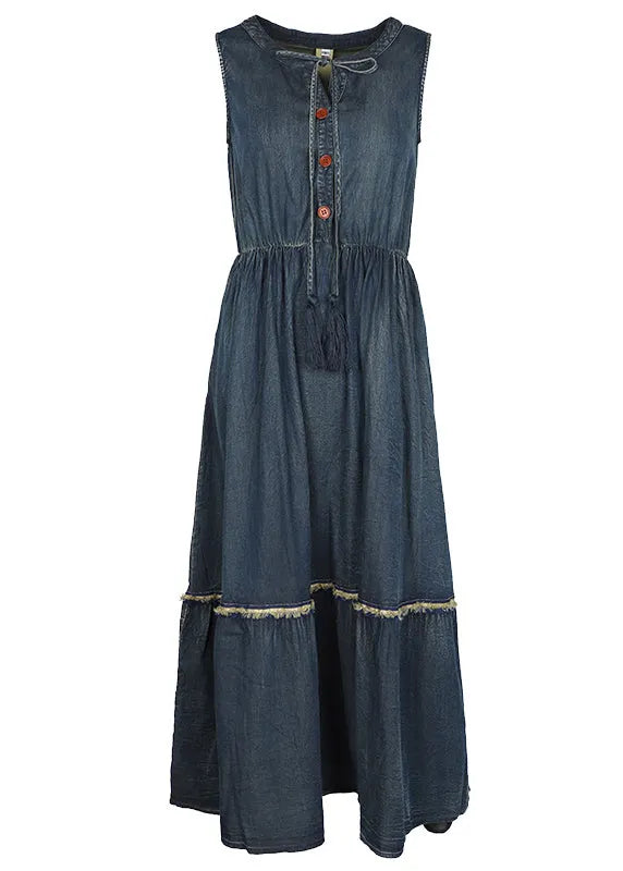 Boutique Denim Blue O-neck Lace Up Button Cotton Cinch Dresses Sleeveless