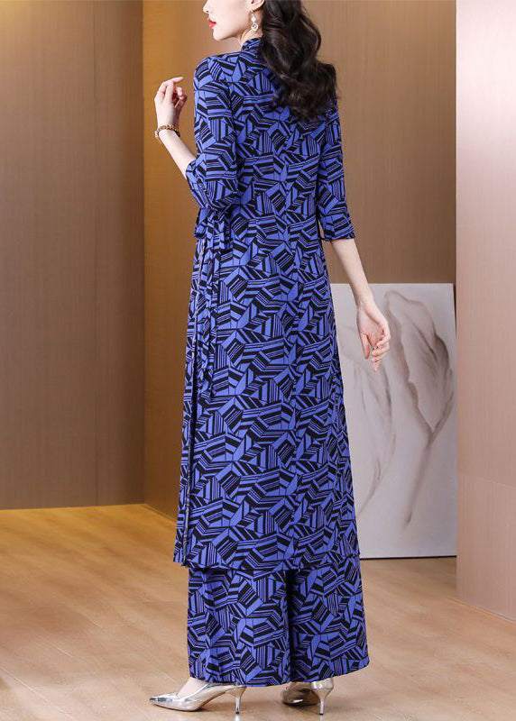 Italian Navy Print Side Open Chiffon Two Piece Set Clothing Spring