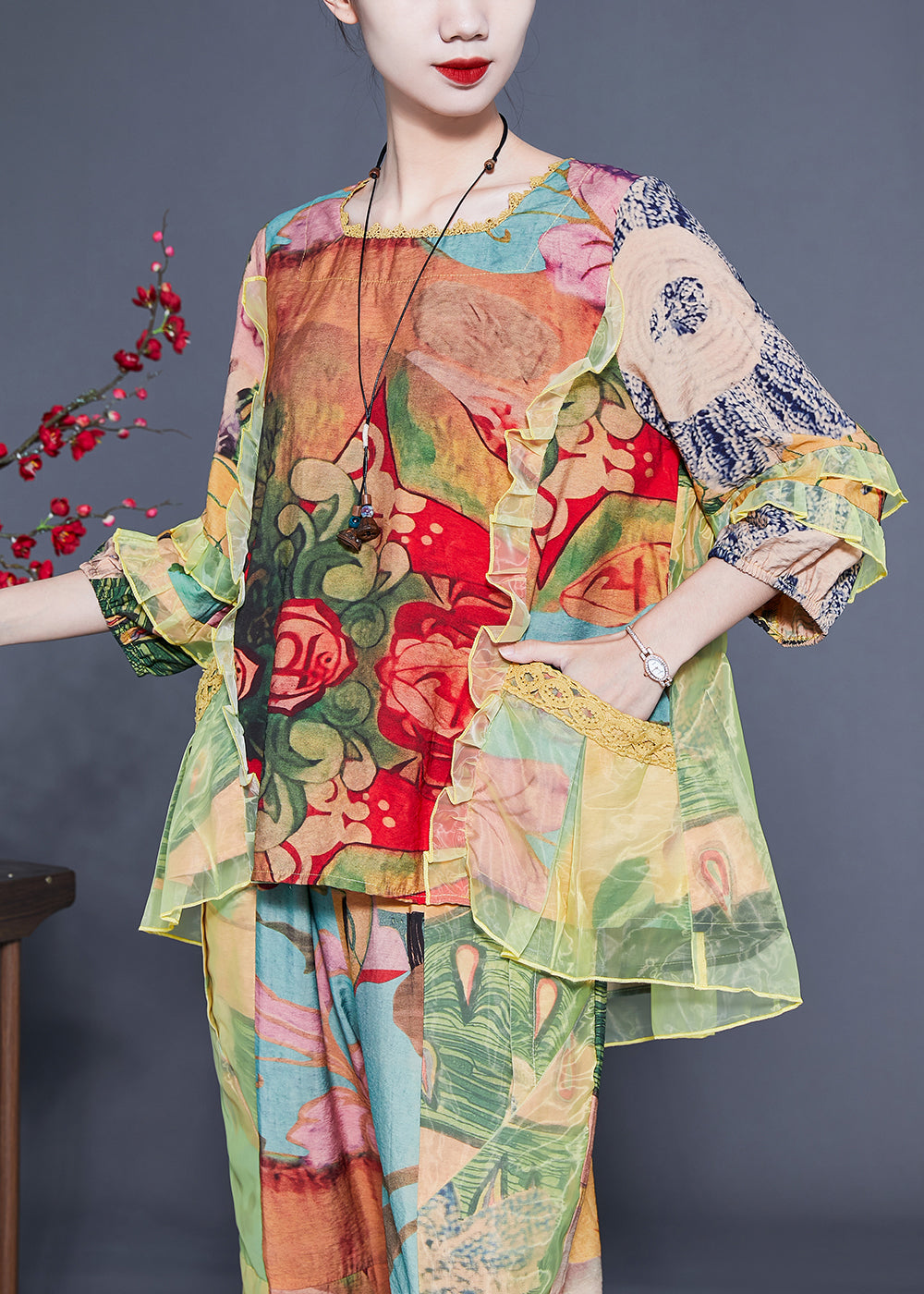 Light Green Ruffled Tulle Patchwork Print Silk Two Pieces Set Summer