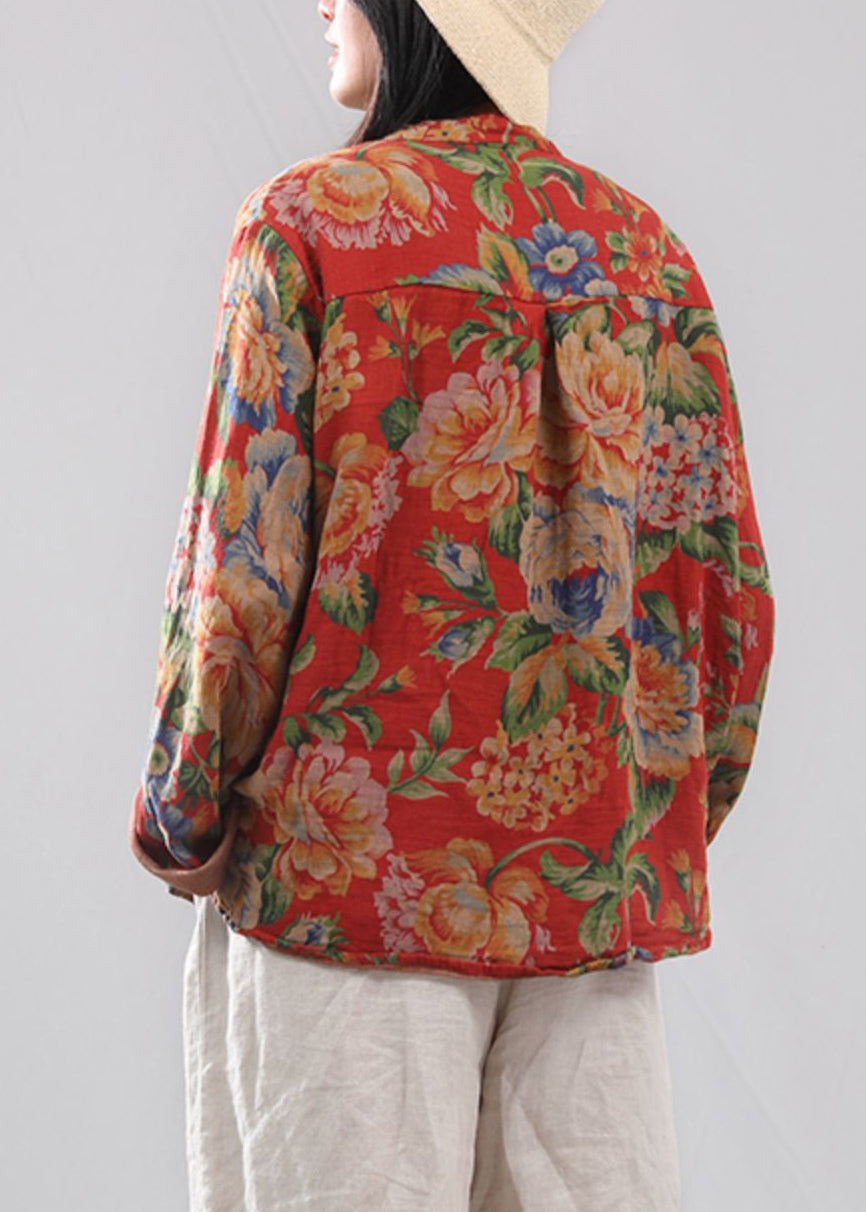 Retro Red O-neck Print Button Cotton Shirts Long Sleeve