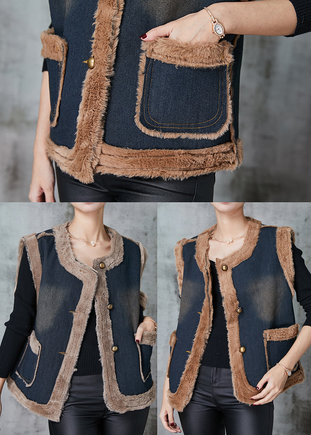 Grey Pockets Patchwork Warm Fleece Denim Vests Spring