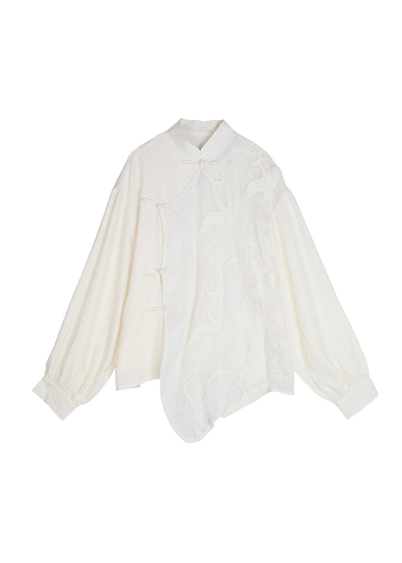 Loose White Embroideried Chinese Button Patchwork Tulle Shirt Top Spring