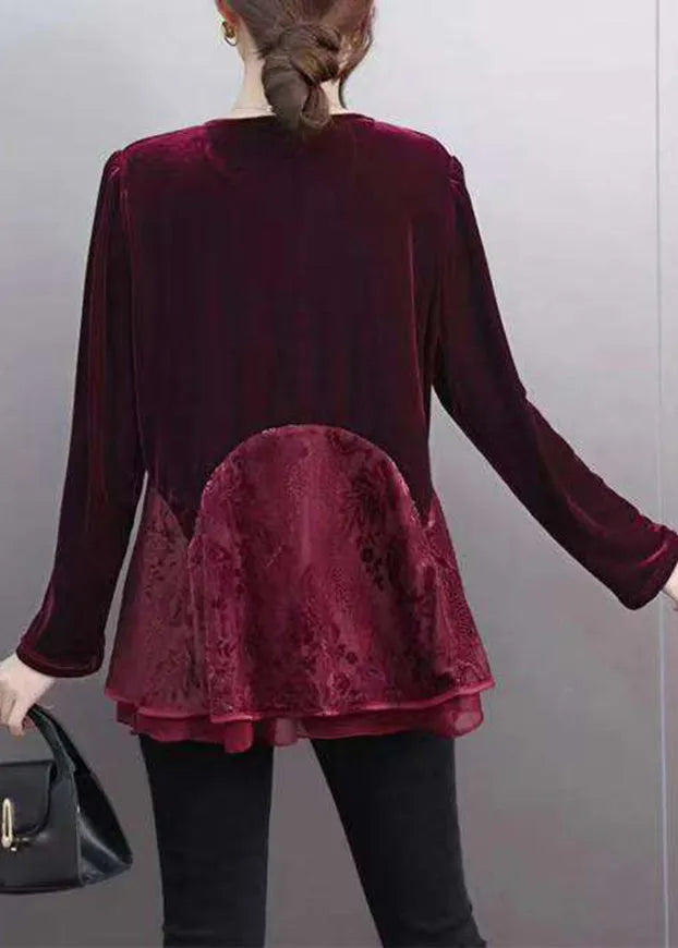 Red V Neck Lace Patchwork Silk Velour Top Spring