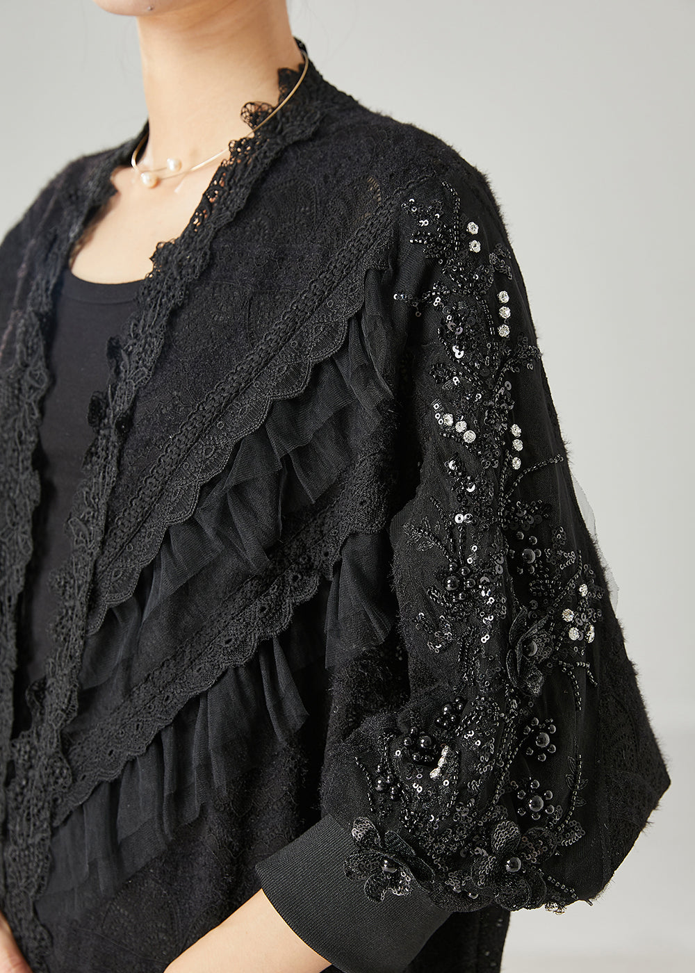 Black Ruffled Nail Bead Lace Cardigan Spring