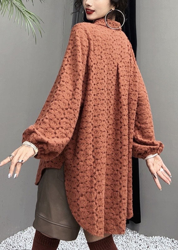 Orange Peter Pan Collar Print Side Open Shirts Long Sleeve