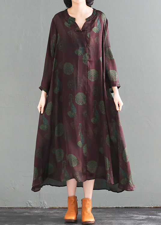 Oversized Chinese Button Print Silk Long Dress Fall