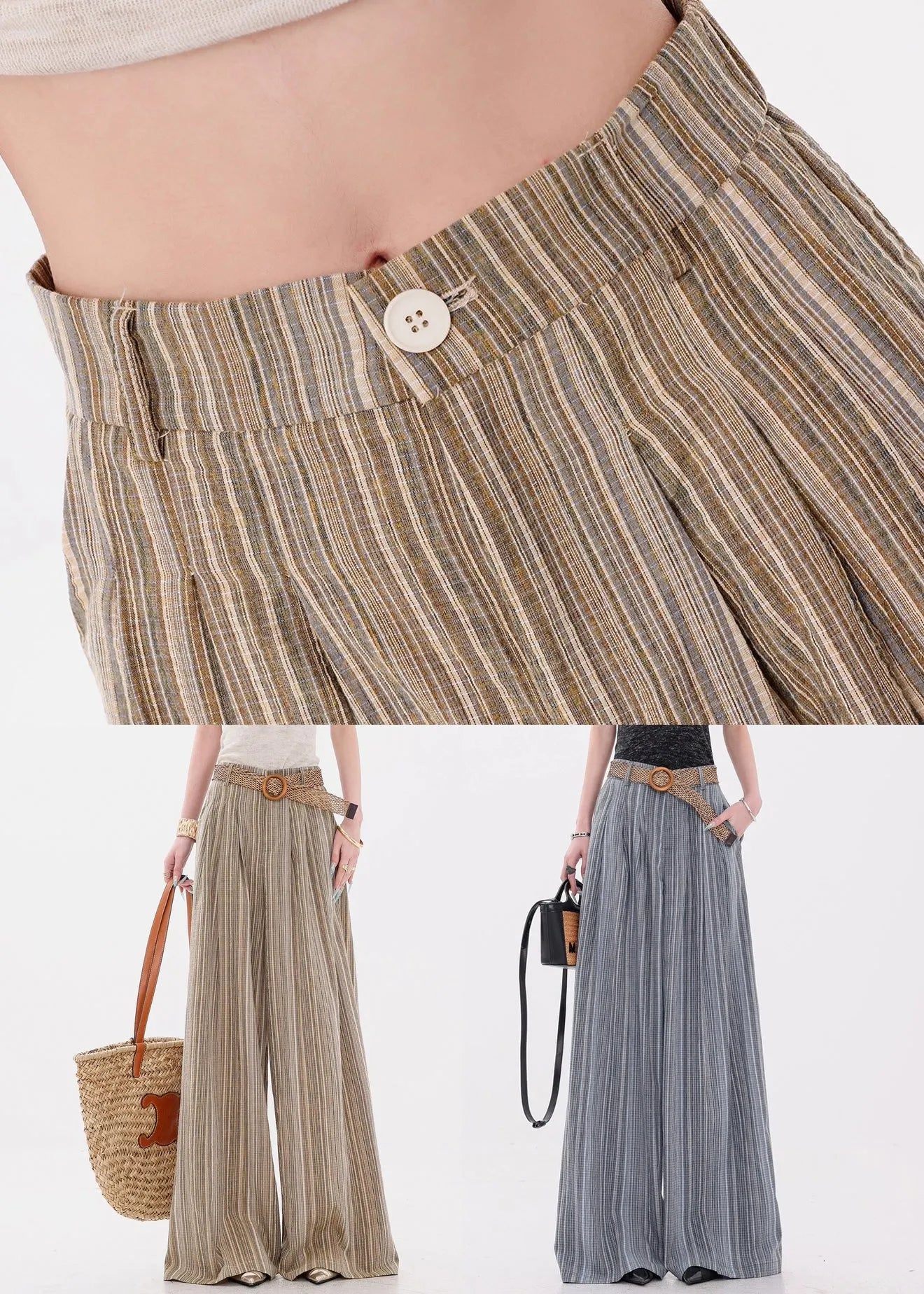 French Yellow Striped Pockets Cotton Wide Leg Pants Fall
