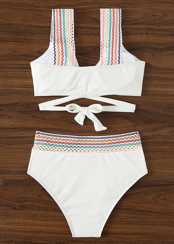 White Patchwork Backless Swimwear Two Pieces Set