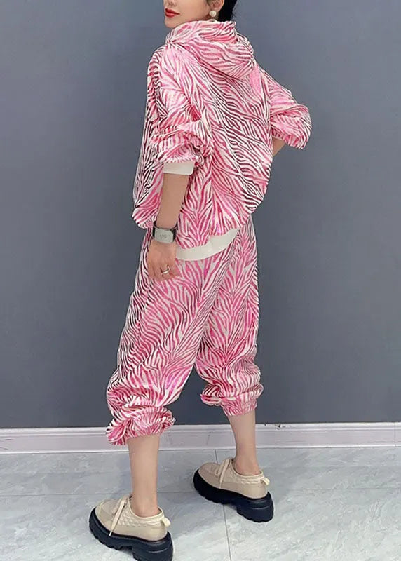 Vogue Rose Striped Print Hooded Top and Pants Two Pieces Set Fall