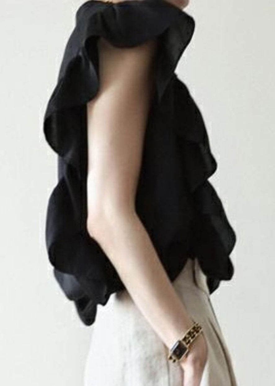 Black Ruffled Button Silk Vest Sleeveless
