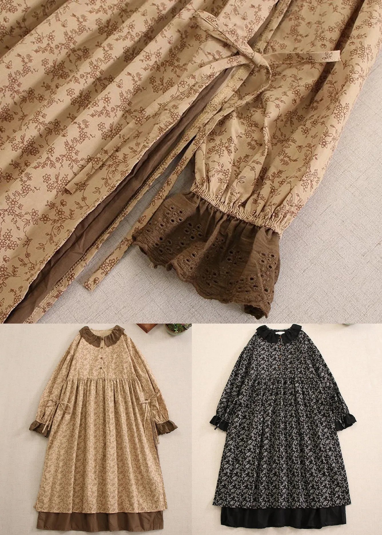Khaki Print Lace Up Cotton Long Dresses Long Sleeve