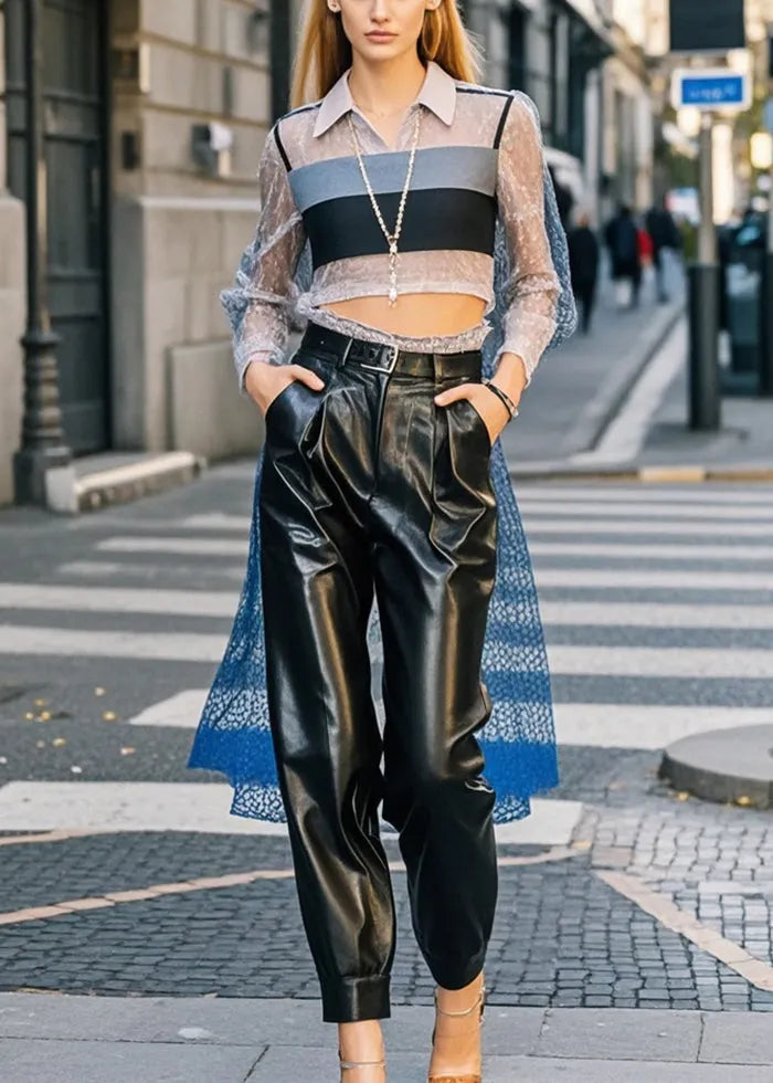 French Black Oversized Pockets Faux Leather Pants Spring