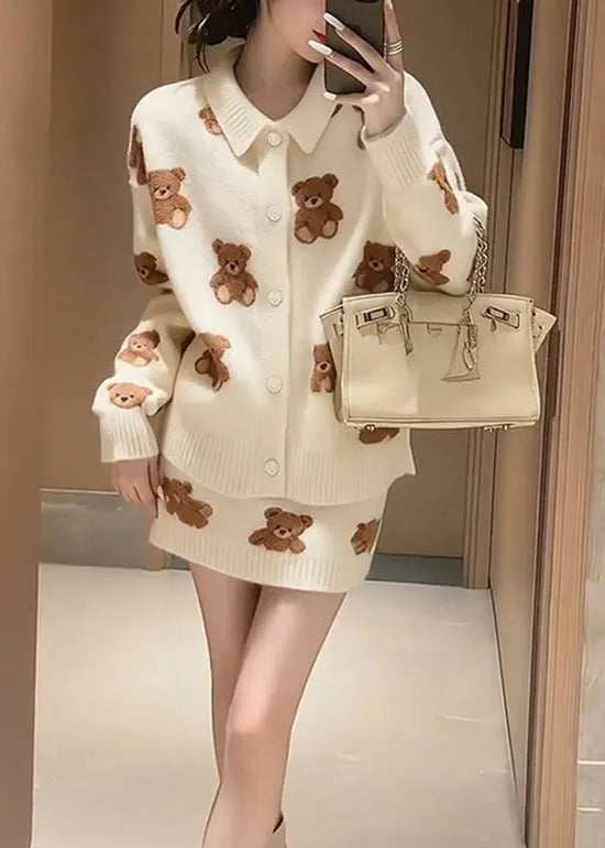 Winter White Cartoon Jacquard Knitted Sweater and Skirt Set