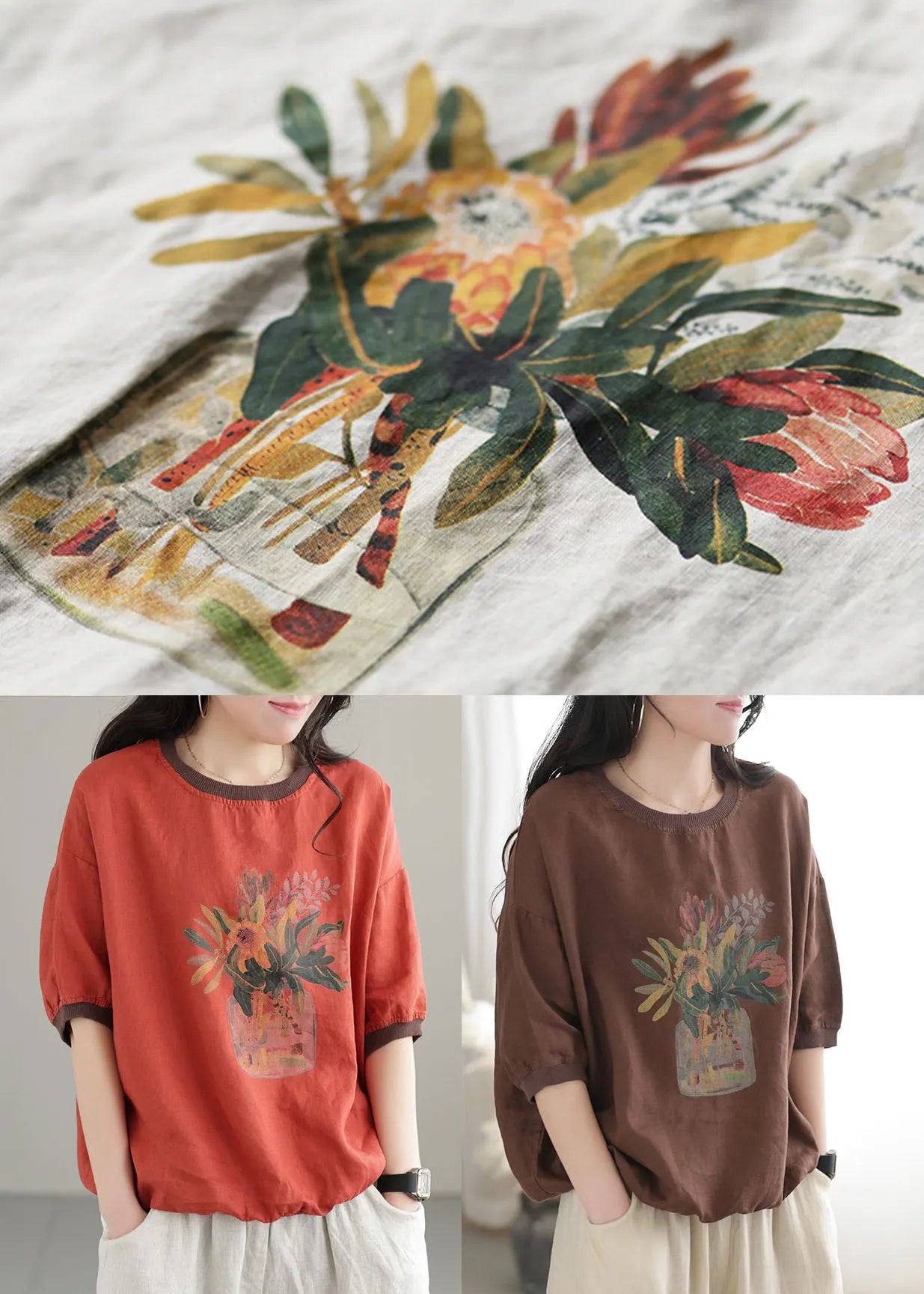 Red O-neck Patchwork Print Linen Tank Short Sleeve