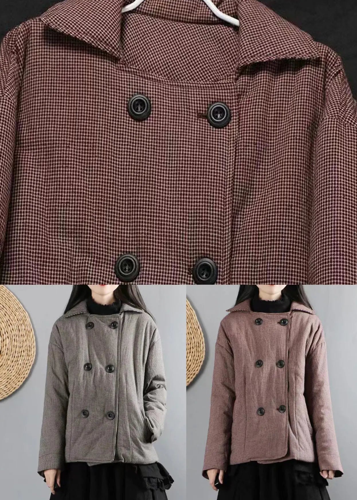Black Plaid Pockets Double Breast Patchwork Cotton Filled Coats Winter