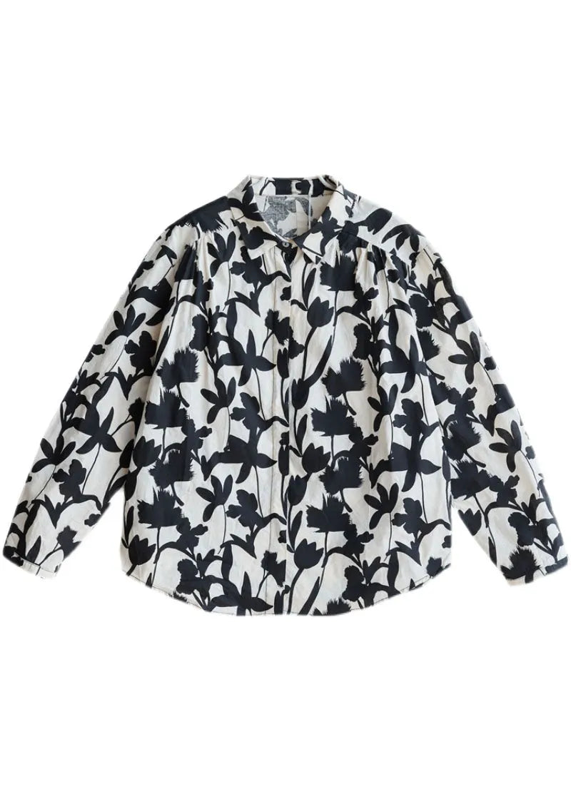 Boutique Black White Print Cotton Blouse Top Fall