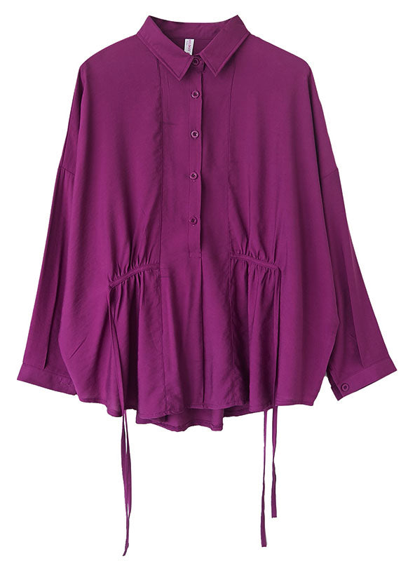 Purple Loose Button Tie Waist Fall Shirt Long Sleeve