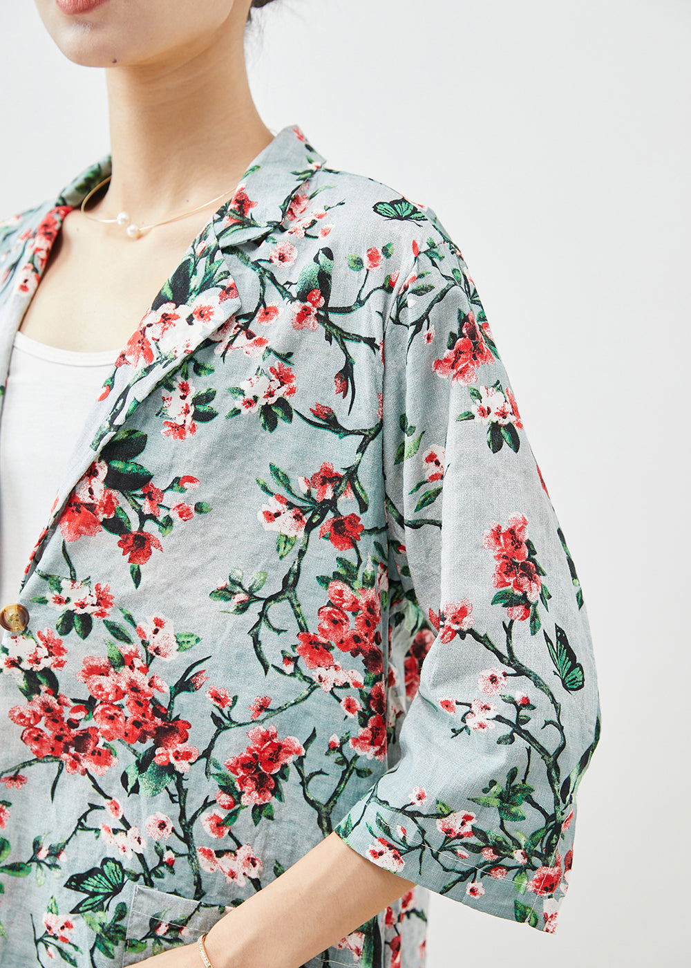 Slim Fit Plum Blossom Print Pockets Linen Coats Half Sleeve