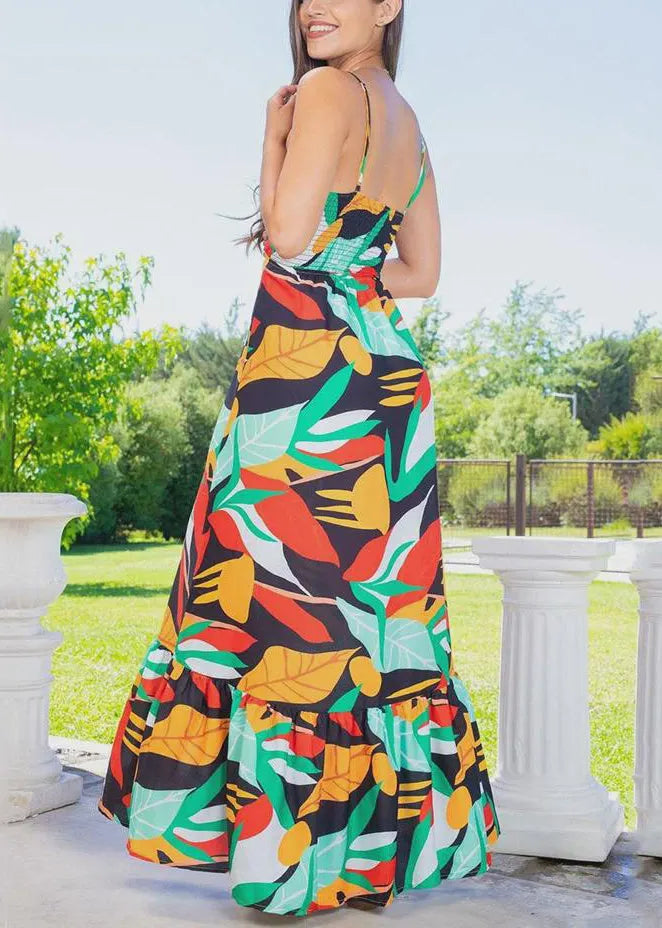 Green V Neck Print Cotton Vacation Spaghetti Strap Dresses Sleeveless