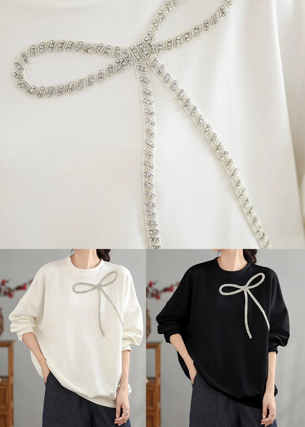 Black O Neck Bow Cotton Pullover Top Spring