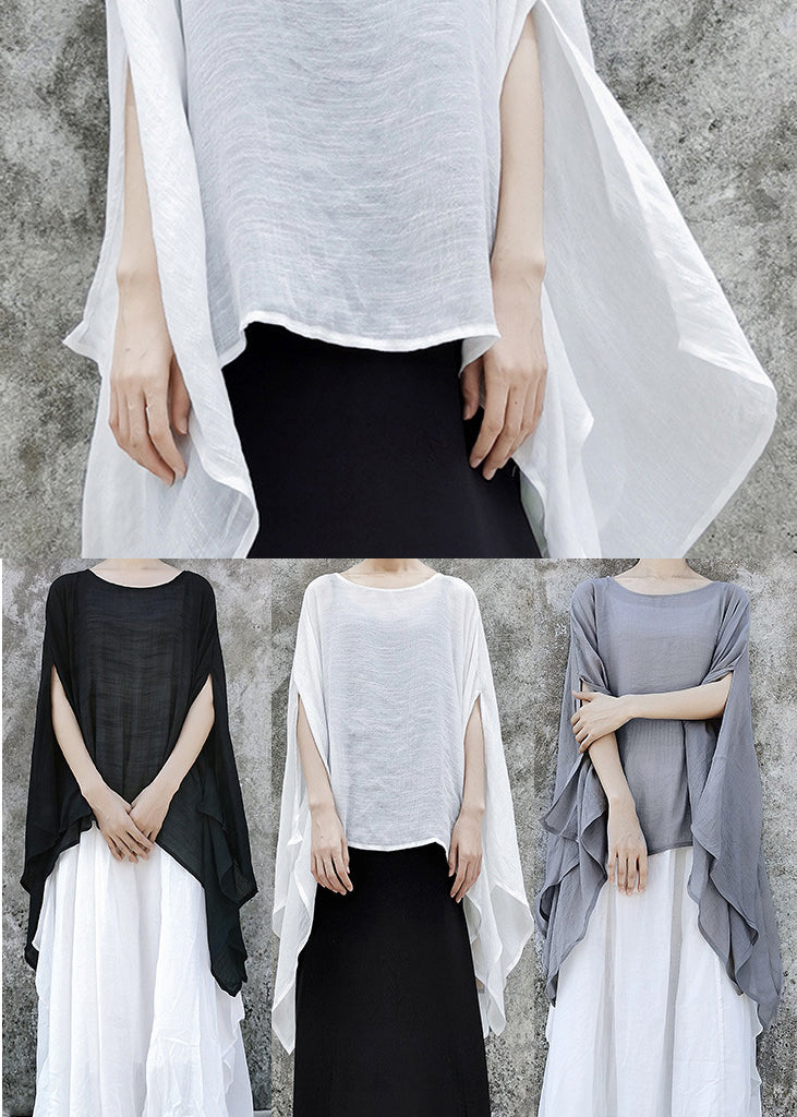Simple Grey Asymmetrical Design Linen Tops Batwing Sleeve