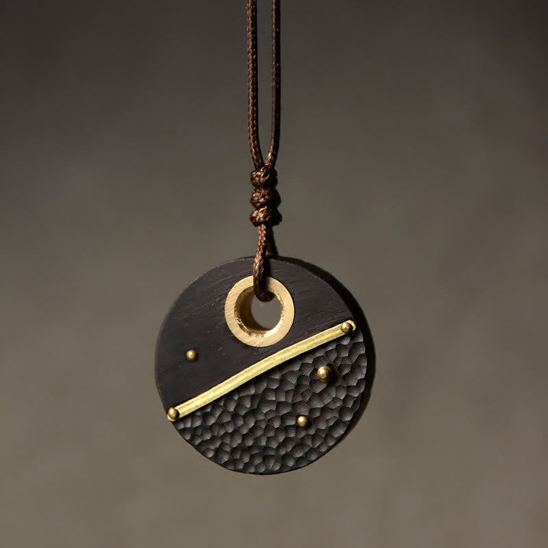 Buddha Stones Handcrafted Round Ebony Wood Brass Copper Peace Necklace Pendant