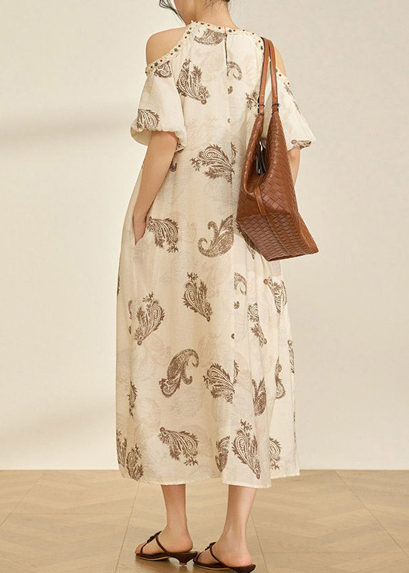 Style Apricot O-neck Cold Shoulder Print Maxi Dress Summer
