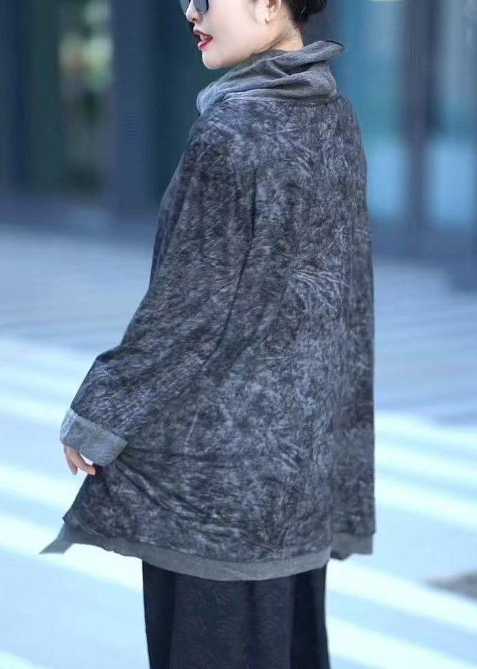 Loose Grey Turtle Neck Print Cotton Tops Fall