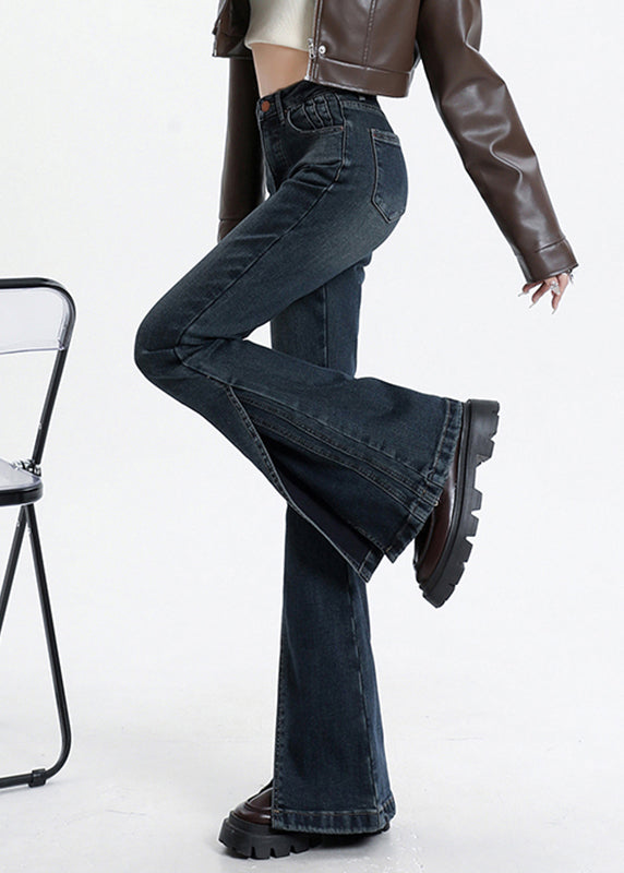 Blue Asymmetrical Pockets Patchwork High Waist Denim Flared Trousers Spring